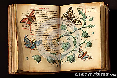 Drawings of butterflies in antique book with annotations, generative ai illustration Cartoon Illustration