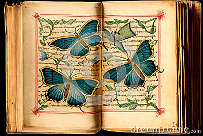 Drawings of butterflies in antique book with annotations, generative ai illustration Cartoon Illustration