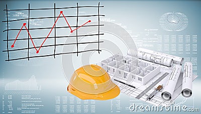 Drawings, helmet and building walls Stock Photo