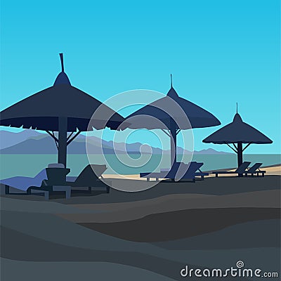 Drawn beach with sunbeds and umbrellas in blue colors Vector Illustration