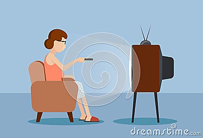 Drawn caricature the woman near the TV Vector Illustration