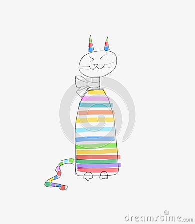 Drawn cartoon striped cat with a bow on the neck isolated on a white background. Color rainbow coloring. Stock Photo