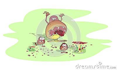 A strange monster scares small hairy creatures. Sketch in cartoon caricature style Stock Photo