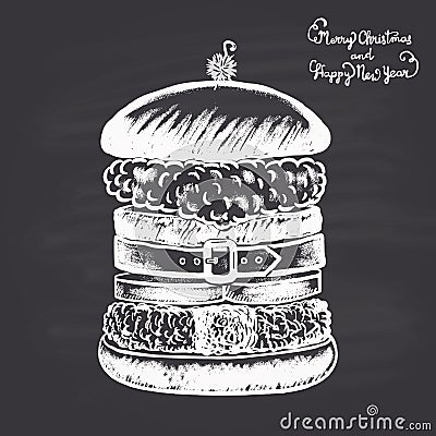 Drawn with chalk illustration of Christmas burger in the form of Santa Claus. Merry Christmas and Happy New 2017 Year. Vector Illustration