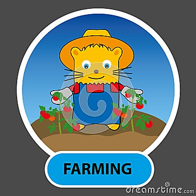 Drawn character - a happy cat is a farmer grew tomatoes on their Vector Illustration