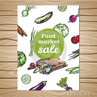 Drawn Food Market Sale Flyer Vector Illustration