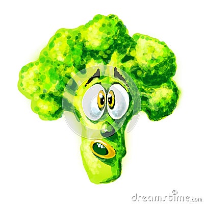 Drawn green broccoli. Surprised emotion on a white background Isolated Stock Photo