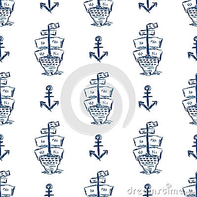Drawn by hand anchor and sailing ship rear view. Stylish sea seamless pattern. Sketch, grunge, doodle. Vector Illustration