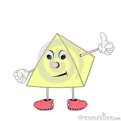 A funny cartoon pyramid with eyes, arms and legs in shoes smiles and shows an approving sign with a finger Stock Photo