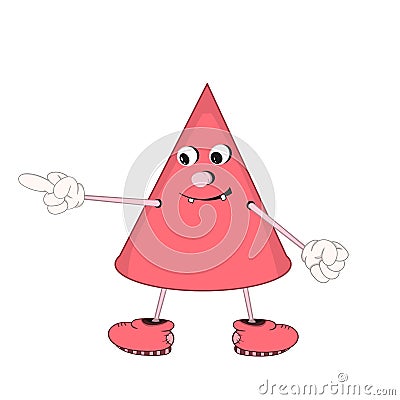 Funny cartoon red cone with eyes, arms and legs, demonstrates the emotion of a smile and shows a finger. Vector Illustration