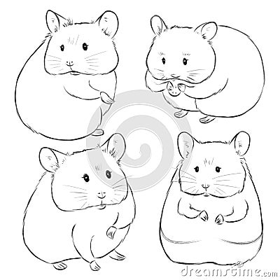 Drawn by hand sketches of cute cartoon hamsters on white background. Illustration of little animals drawn like pencil sketches. Cartoon Illustration