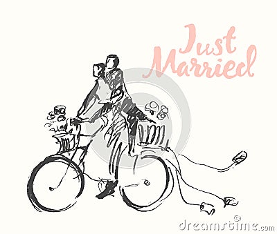 Drawn happy bride groom bicycle vector sketch Vector Illustration
