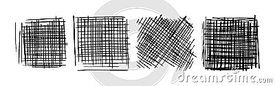 Drawn hatching squares. A set of hand drawn hatched strikethrough doodles. Diagonal, vertical, or parallel square Vector Illustration