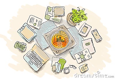 Drawn image of work table with objects Cartoon Illustration