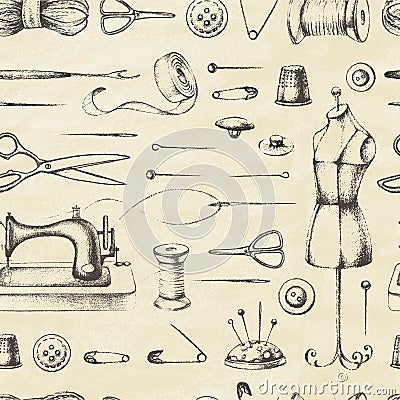 Drawn items for sewing on old paper. Vector Illustration