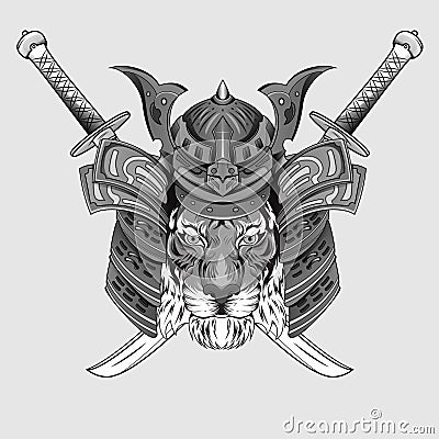 Hand drawn Japanase design samurai tiger helmet knight head artwork black and white Vector Illustration