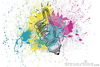 Drawn light bulb showing thumb up over splashes Stock Photo