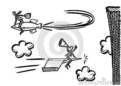 Drawn Man Reversing Rocket Flight To Avoid Crash Stock Photo