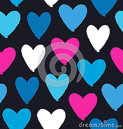 Drawn multicolor heart silhouettes on black background. Symbol of love in grunge style. Decorative seamless pattern Vector Illustration