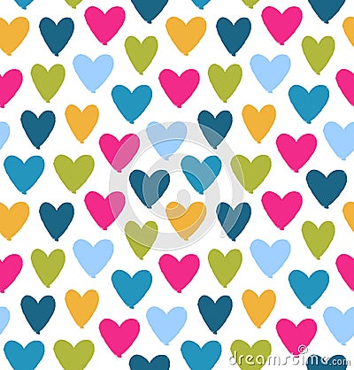 Drawn multicolor heart silhouettes on white background. Saint Valentine`s Day. Symbol of love on decorative seamless pattern Vector Illustration