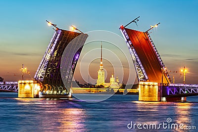 Drawn Palace Bridge and Peter and Paul Fortress at white night, St. Petersburg, Russia Stock Photo