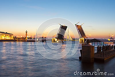 Drawn Palace Bridge and Peter and Paul Fortress at white nights, St. Petersburg, Russia Stock Photo