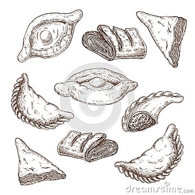 Drawn puff pastries sketch set isolated. baking, pastries with cheese or meat stuffing. turnovers, khachapuri, burekas Vector Illustration