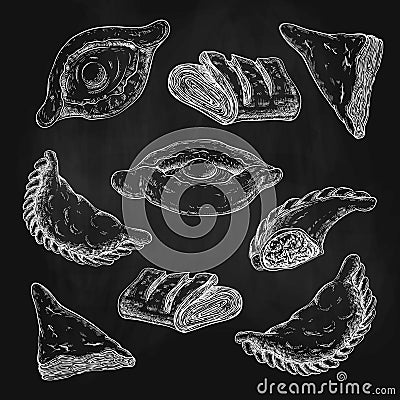 Drawn puff pastries sketch set isolated. baking, pastries with cheese or meat stuffing. turnovers, khachapuri, burekas Vector Illustration