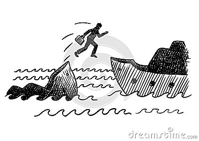 Drawn Sketch Of Businessman Jumping Sinking Ship Stock Photo