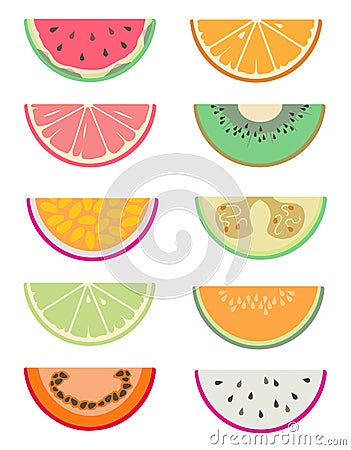 Drawn vector collection set with different exotic fruit slices cut in half like water melon, orange, grapefruit, kiwi Stock Photo