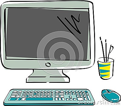 Drawn vector monitor with keyboard and mouse. Computer hardware in color Vector Illustration