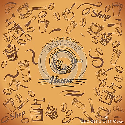 Drawn wallpaper on coffee theme. Vector Illustration