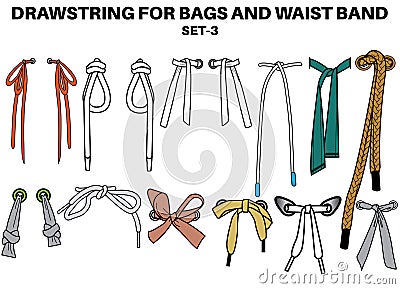 Drawstring cord flat sketch vector illustrator. Set of bow knot Draw string with aglets for Waist band, bags, shoes, jackets, Vector Illustration