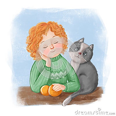 Daydreaming girl with cat Cartoon Illustration