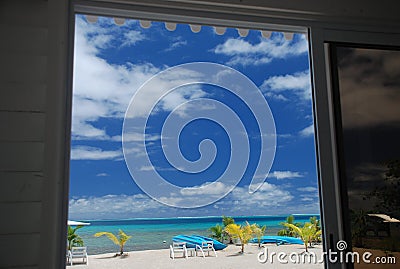 Dream beach outside the door. Raiatea, French Polynesia Stock Photo