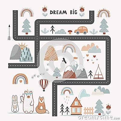 Dream Big, Little One - cute kids poster, playing rug or tapestry in Scandinavian style. Road, Mountains and Woods Vector Illustration