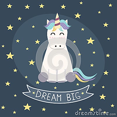 Dream Big poster, greeting card with cute unicorn Vector Illustration