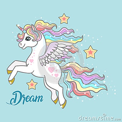 Dream. A beautiful, small unicorn on a blue background. Vector Illustration