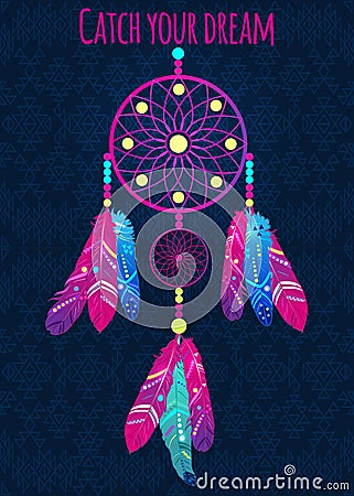 Dream catcher with abstract feathers in ethnic style Vector Illustration