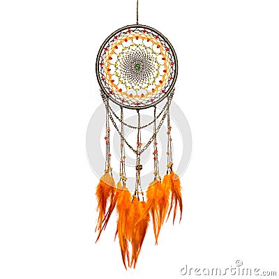 Handmade dream catcher with feathers threads and beads rope hanging Stock Photo