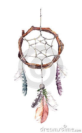 Dream catcher with feathers. Watercolor Stock Photo