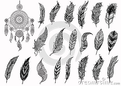 Dream catcher and hand drawn boho feathers for design element and adult coloring book pages - Stock Vector Vector Illustration