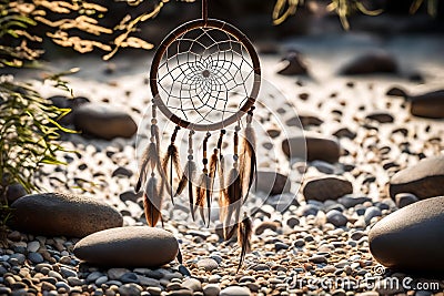 A dream catcher hanging in a serene Zen garden, surrounded by carefully raked gravel and balanced stones, invoking a sense of calm Stock Photo