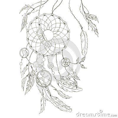 Dream catcher with items from the sea and feathers. Vector. Vector Illustration