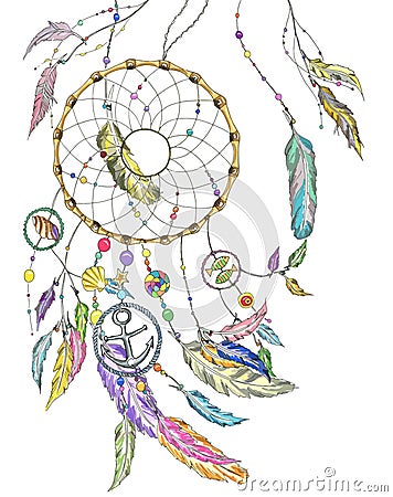 Dream catcher with items from the sea and feathers. Vector. Vector Illustration