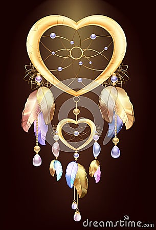 Dream catcher jewelry with feathers. Fantastic magic Dreamcatcher heart shaped colored metal and gold feathers and precious stones Vector Illustration