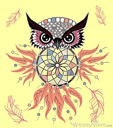 dream catcher with owl. boho style. totem animal. Vector Illustration