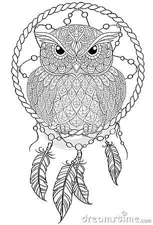 Dream catcher with owl. Tattoo or adult antistress coloring page Vector Illustration