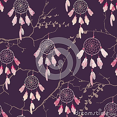 Dream catchers on the bare branches seamless vector pattern Vector Illustration