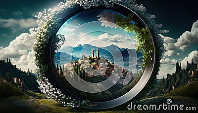 Dream City on mountain in circular shape with clear harmony with Floral flower beautiful.Ai generate Stock Photo